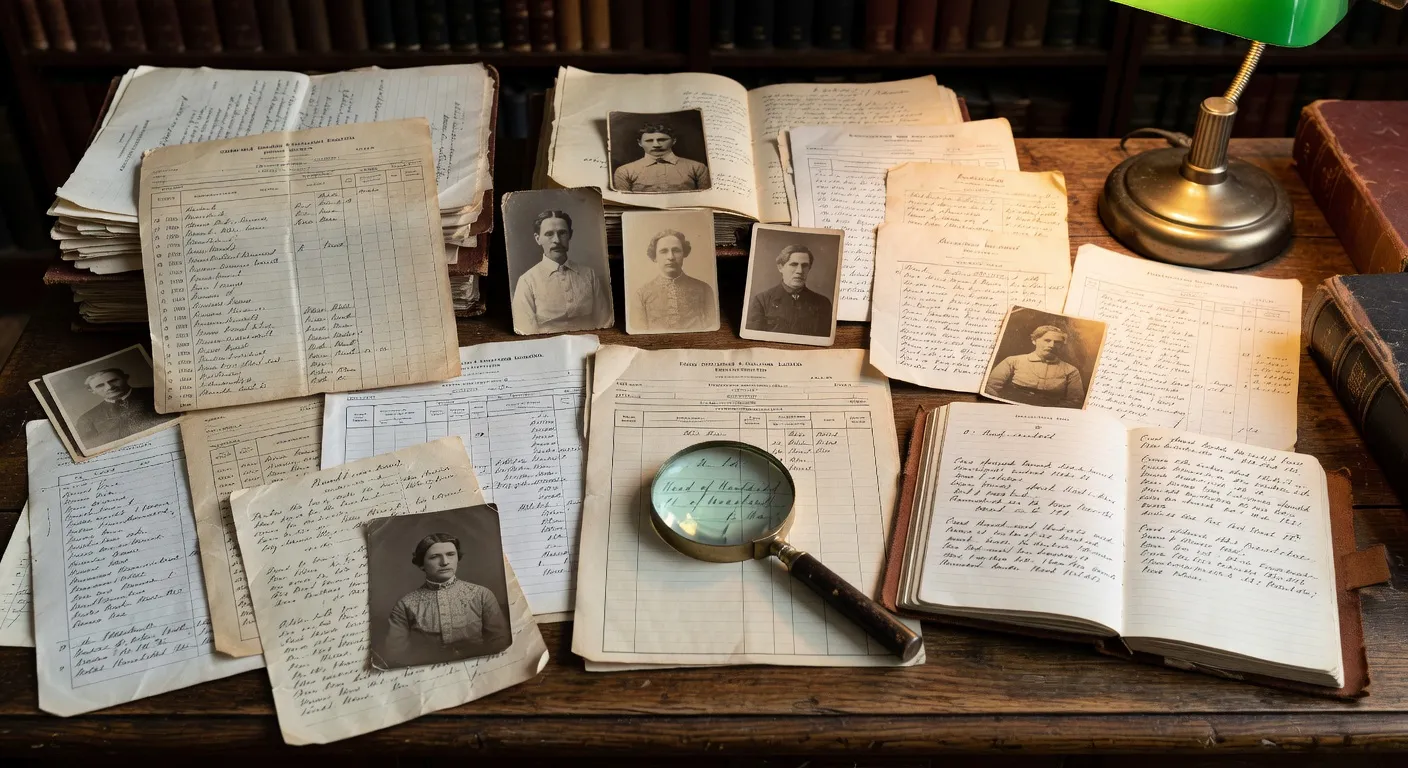 Old genealogy documents and church records spread on a research desk with photographs