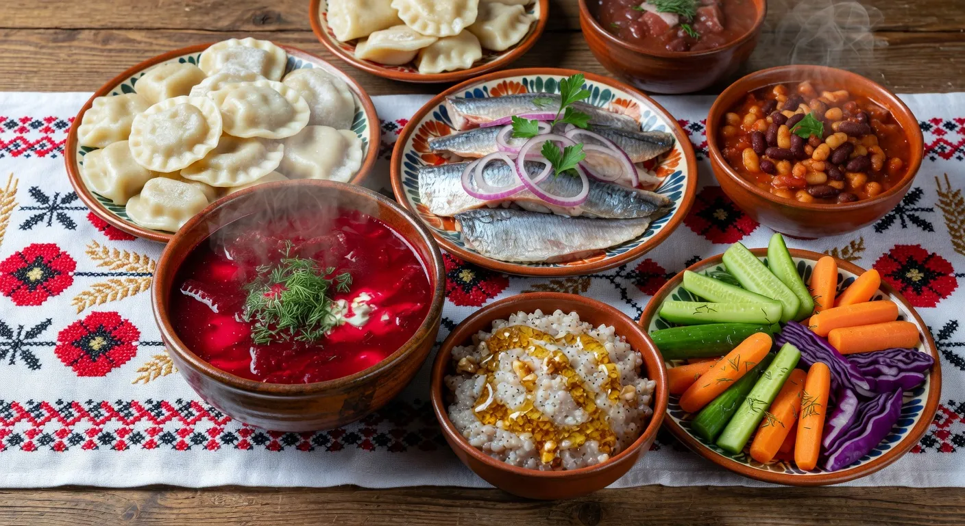 Overhead view of Ukrainian Svyata Vechera dishes including borscht, kutia, and pickled vegetables