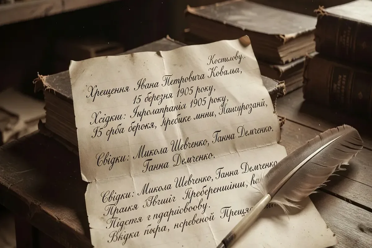 Open handwritten Ukrainian parish baptism register with faded ink entries from the early 1900s