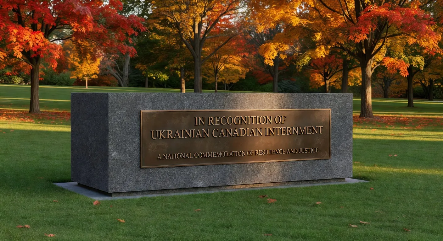 Dignified monument commemorating Ukrainian Canadian internment recognition in a park setting