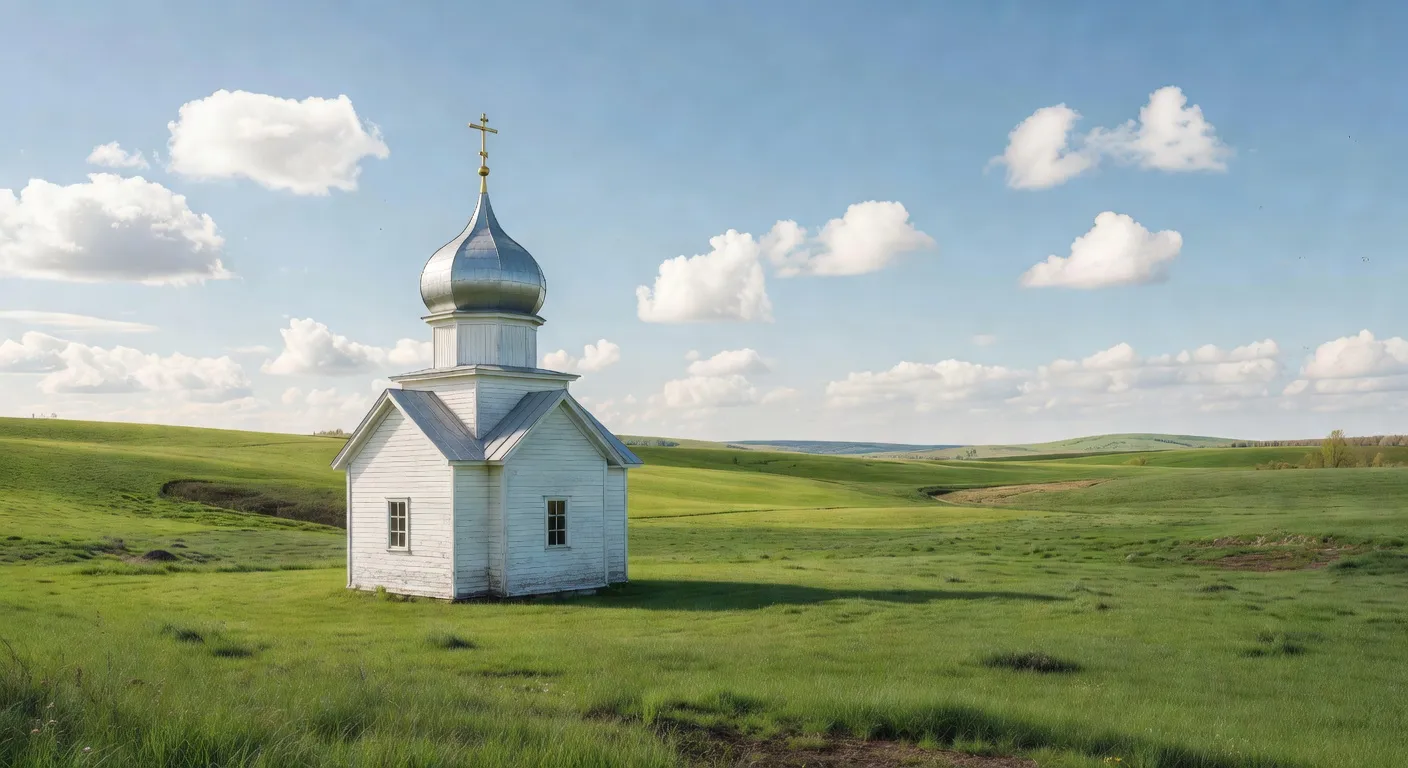Small Ukrainian church with onion dome in a PEI landscape setting
