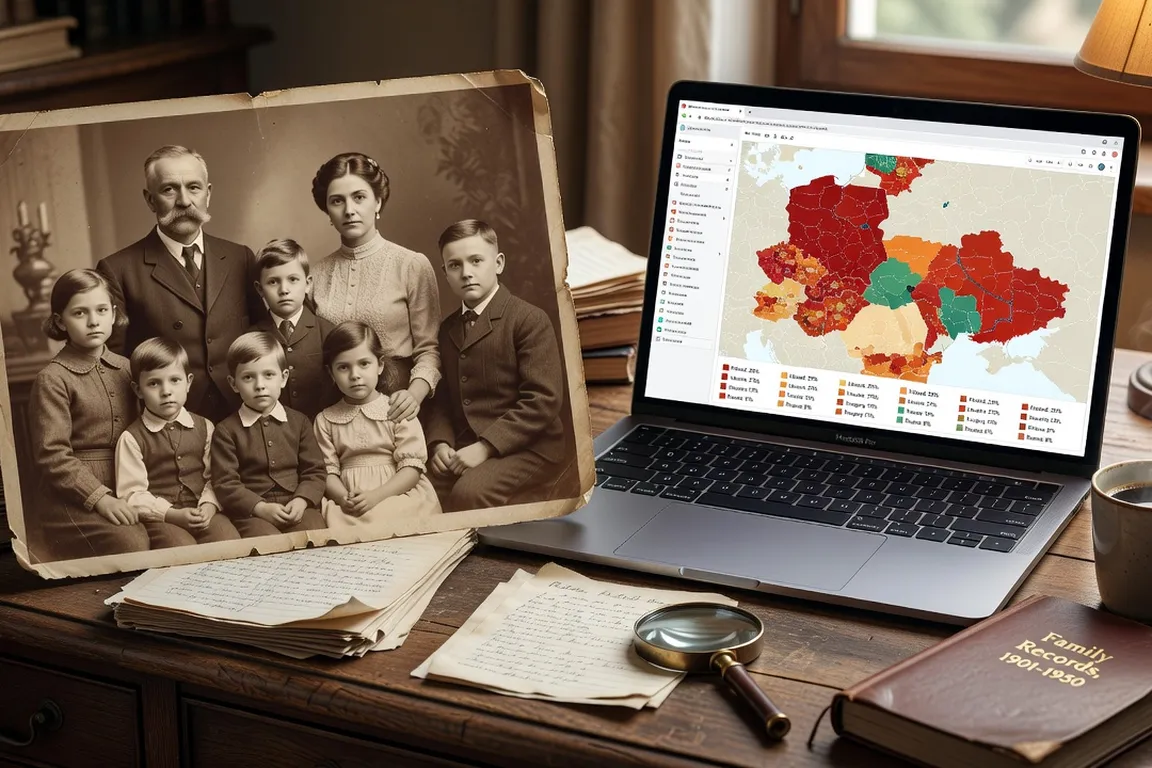 Laptop screen showing a DNA ethnicity estimate pie chart with Eastern Europe region highlighted