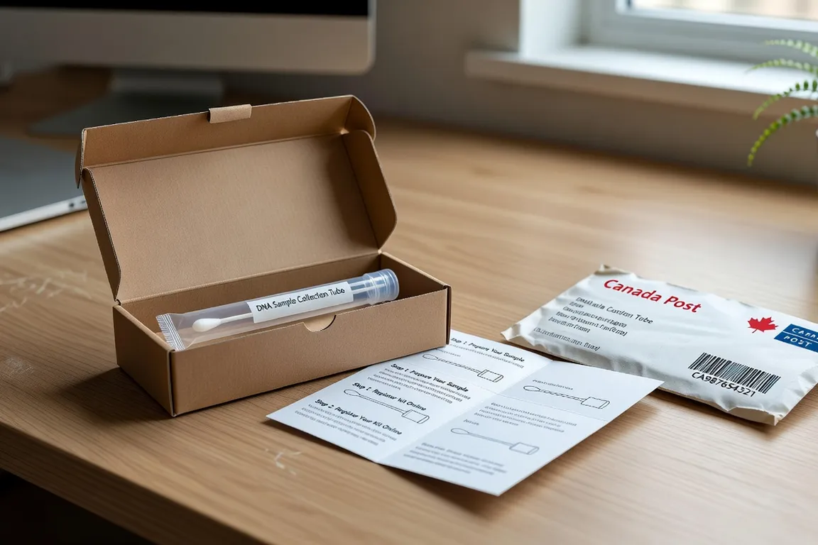 International shipping parcel with customs declaration labels representing cross-border DNA test kit logistics