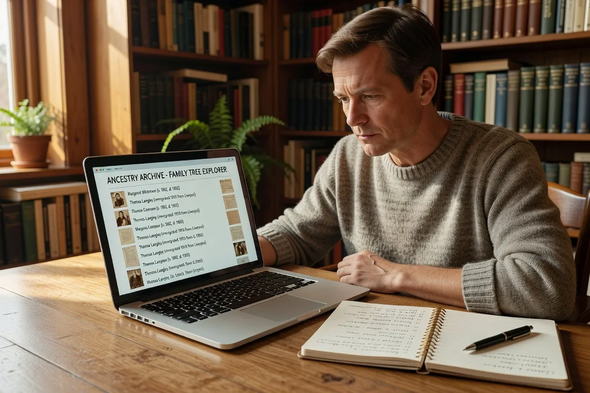 Researcher reviewing a digitized Ukrainian parish register on a laptop alongside a printed family tree chart