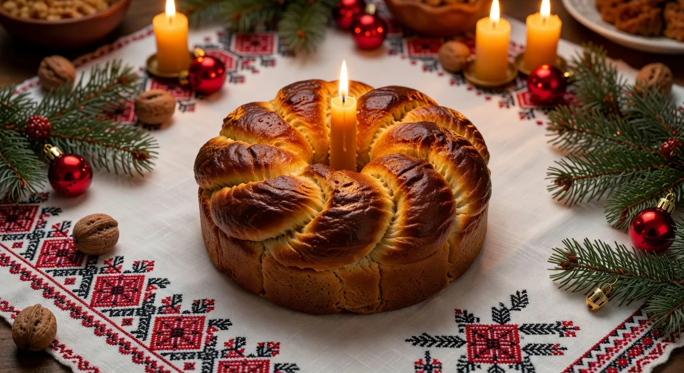 Traditional Ukrainian kolach Christmas bread on an embroidered tablecloth