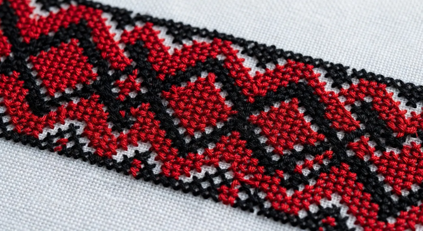 Close-up detail of Ukrainian embroidery stitching in red and black thread on white linen