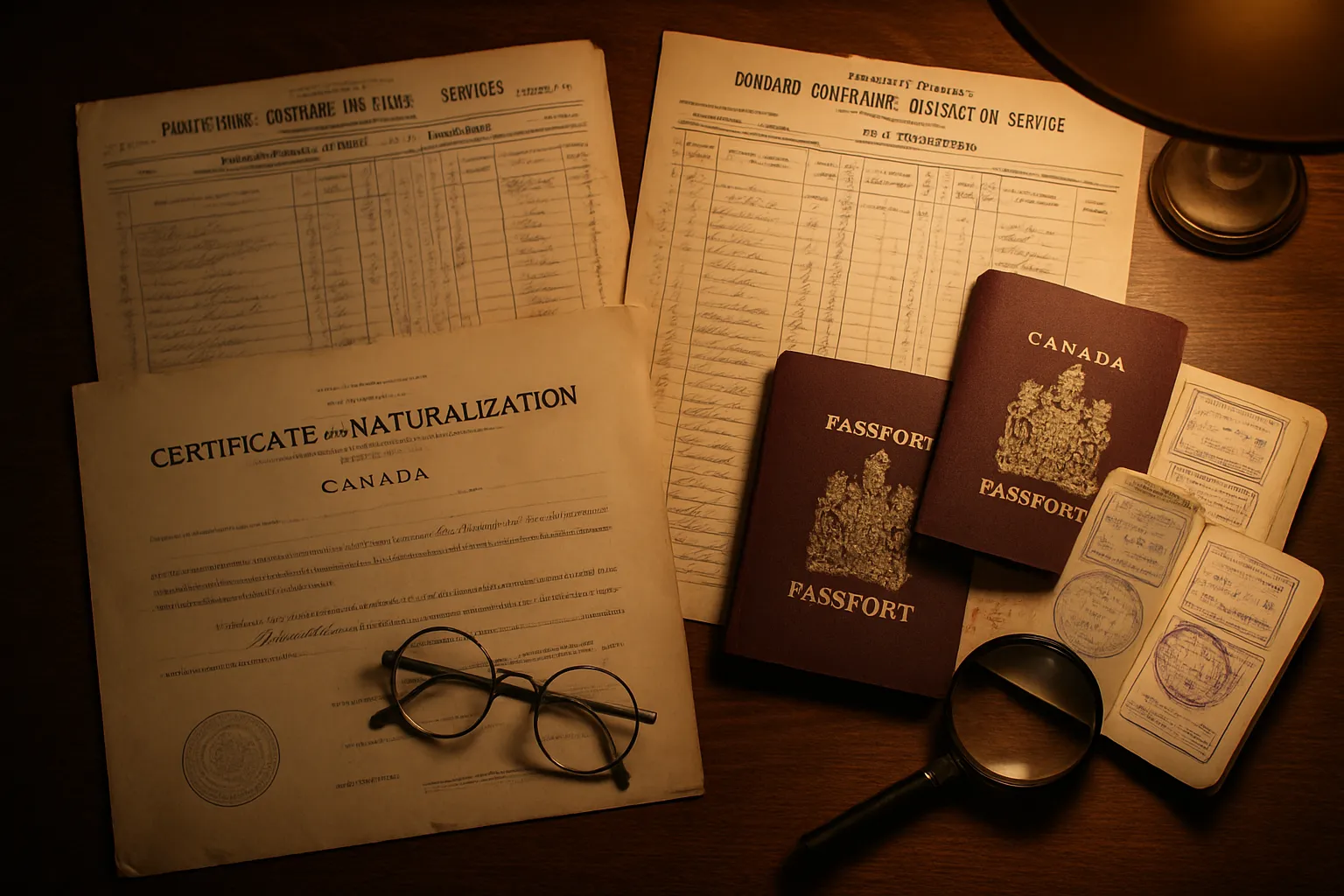 Vintage Canadian immigration documents and ship manifests spread on a wooden desk