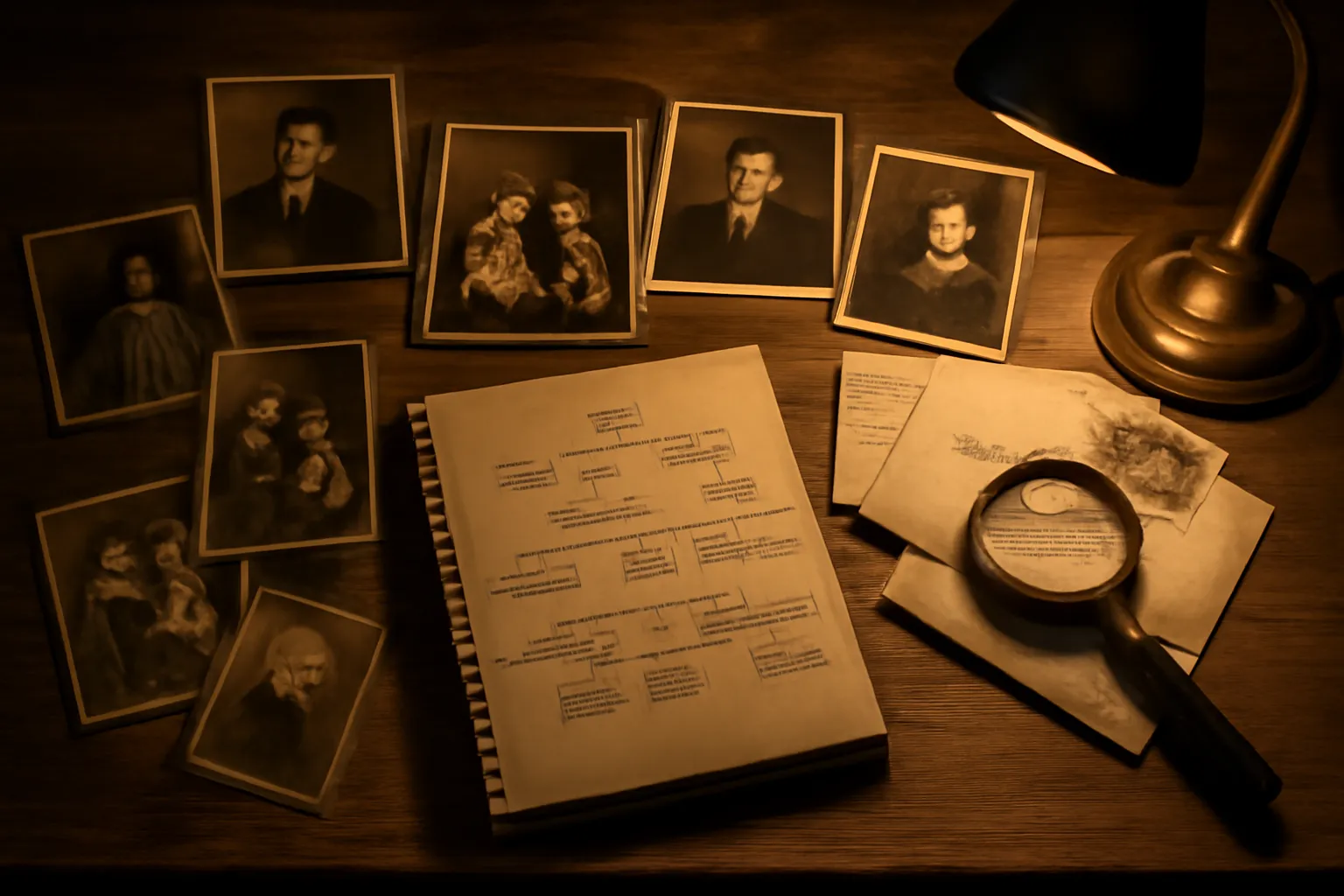 Genealogy researcher working with historical documents and computer