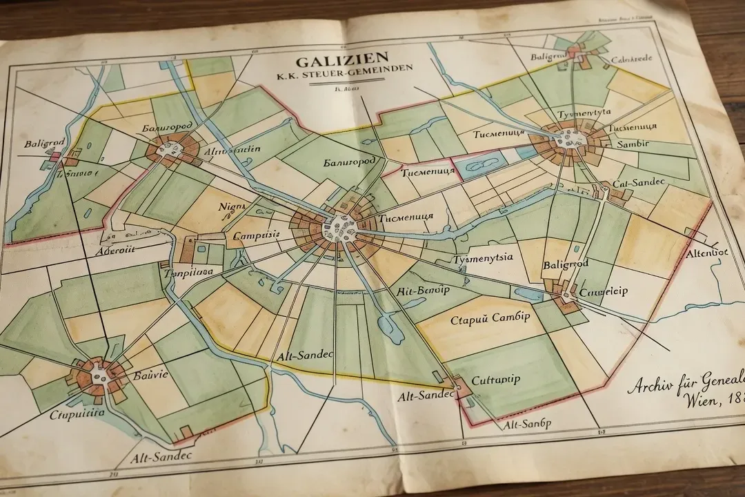Historical village map used to trace Galician genealogy records