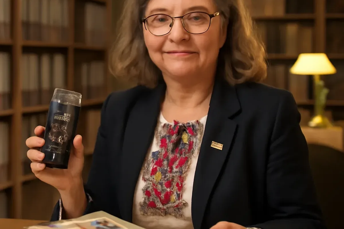 Editorial portrait of Iryna Baran, oral history archivist, seated at a reading room desk surrounded by recording equipment and family photograph albums