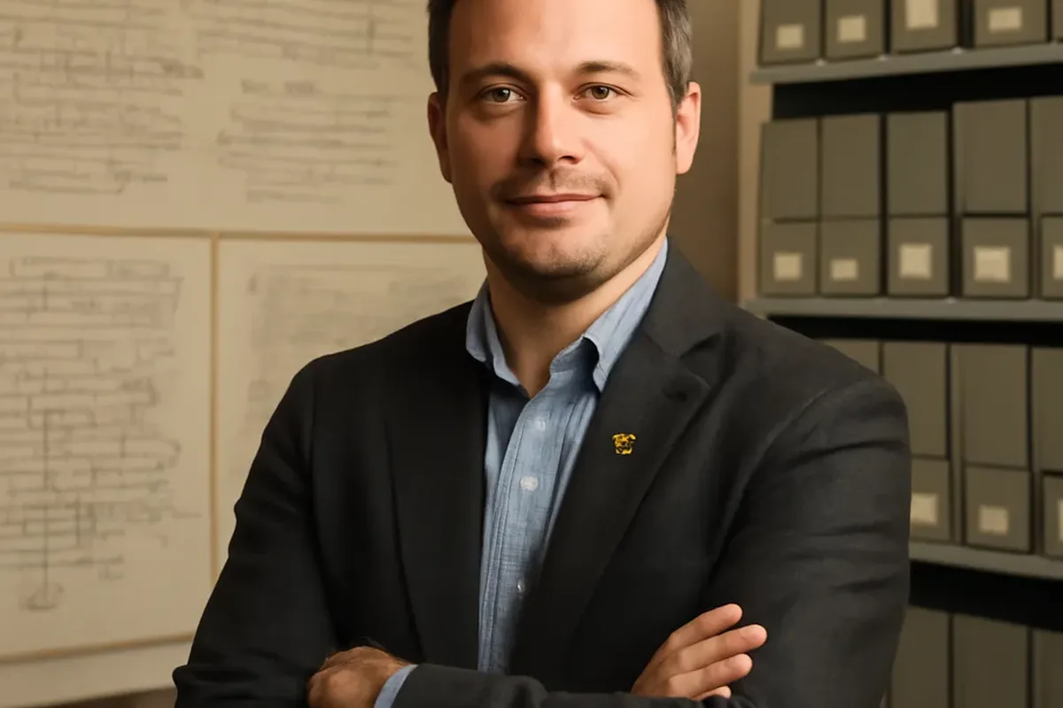 Editorial portrait of Mykola Dub, professional genealogist, at a desk with genealogical documents