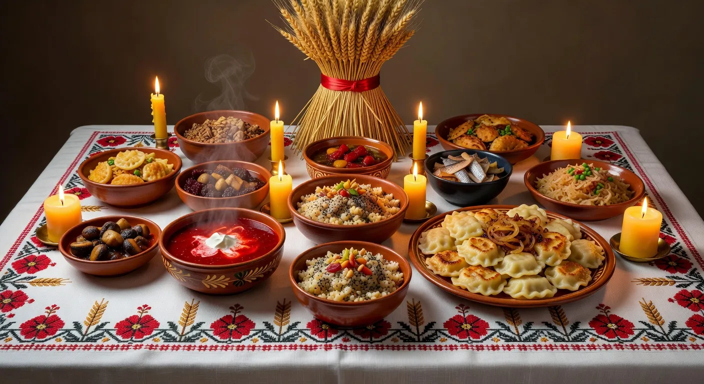Traditional Ukrainian Christmas Eve Svyata Vechera table with 12 holy dishes and didukh wheat sheaf