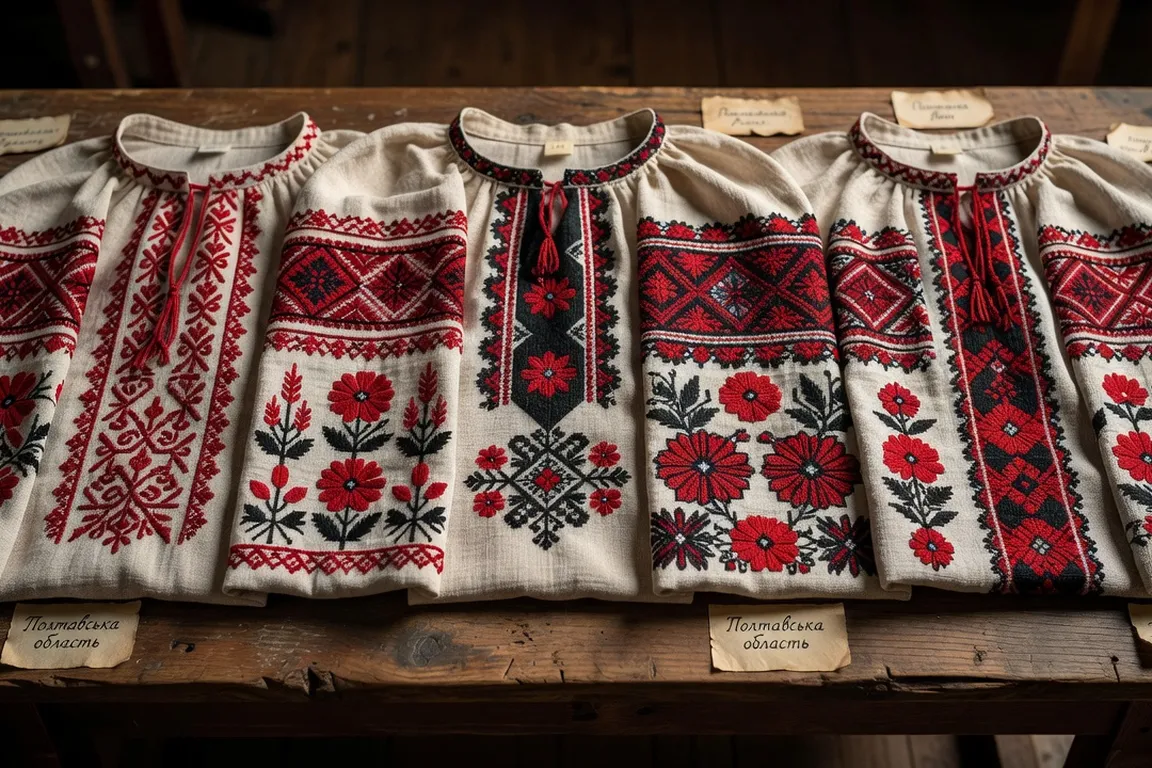 Several traditional Ukrainian embroidered vyshyvanka shirts showing different regional patterns in red and black thread