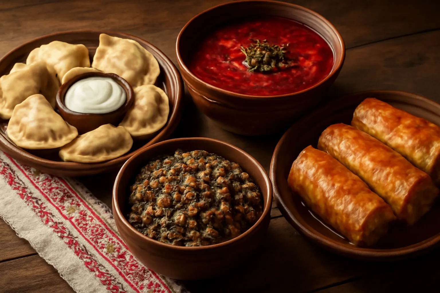 Traditional Ukrainian Christmas Eve twelve dishes including kutia, varenyky and borscht