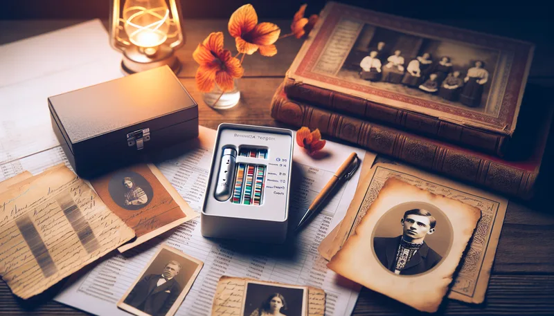 DNA testing kit next to old Ukrainian family photographs and genealogy documents