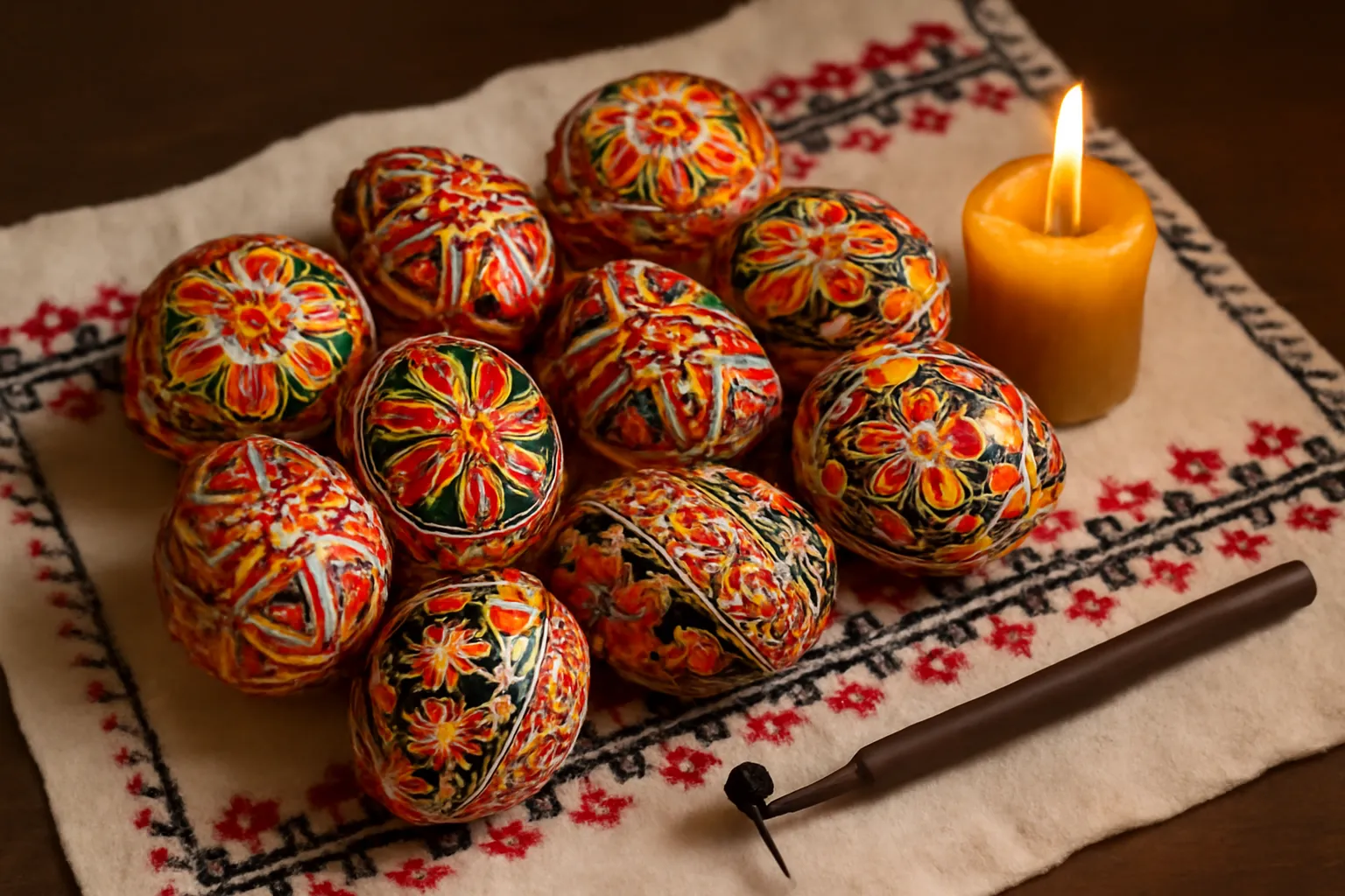 Colorful Ukrainian pysanky decorated Easter eggs with traditional geometric patterns