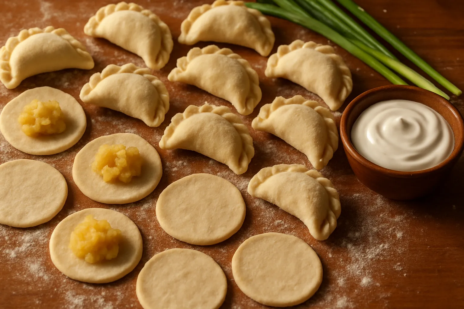 Traditional Ukrainian perogies varenyky being made by hand on a flour-dusted table
