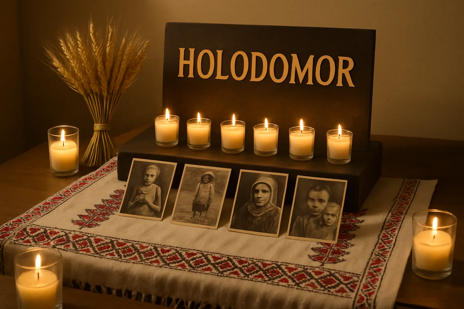Holodomor memorial display with lit candles, wheat stalks, and embroidered rushnyk cloth