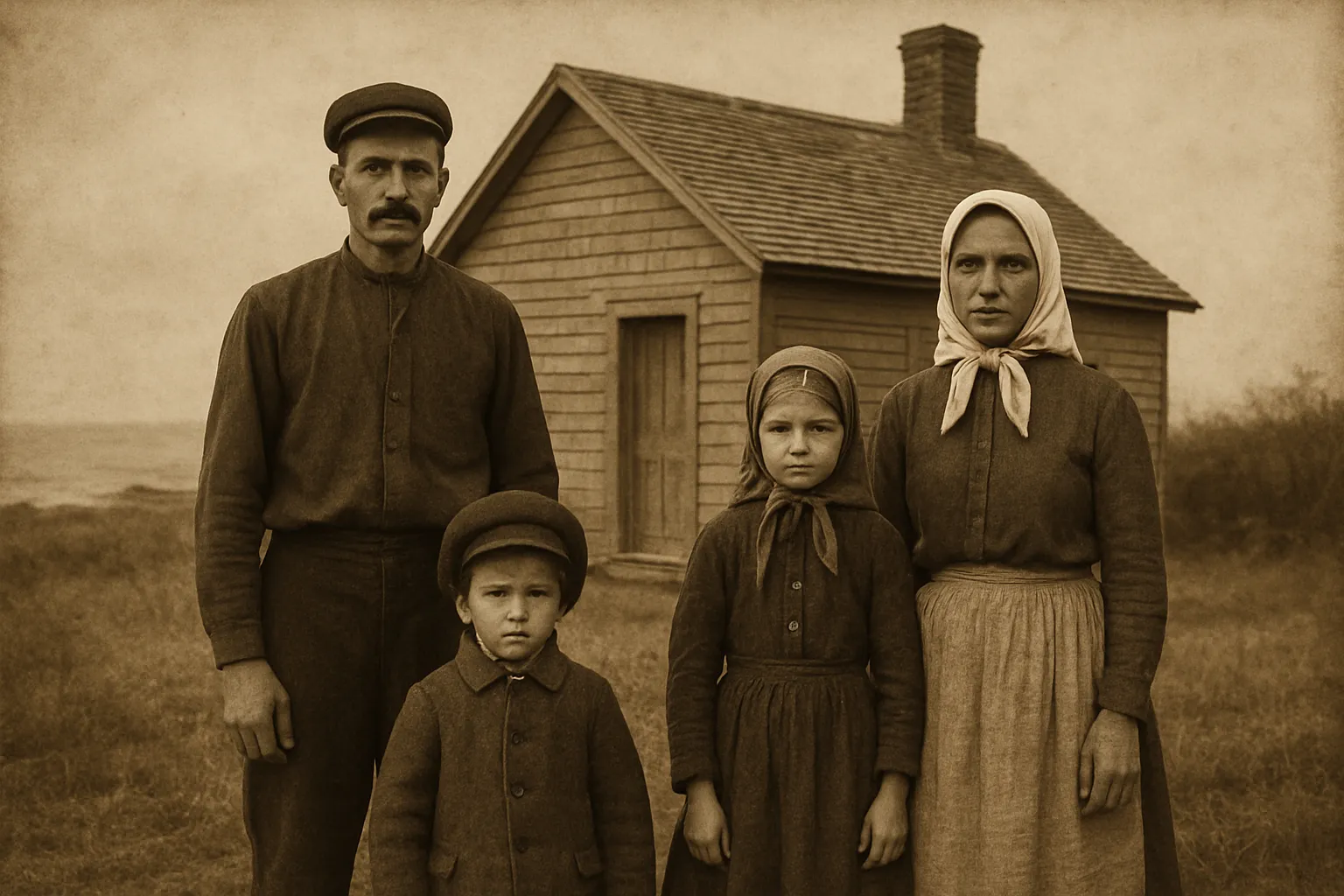 Early 1900s Ukrainian immigrant family in front of a farmhouse on the Canadian Atlantic coast